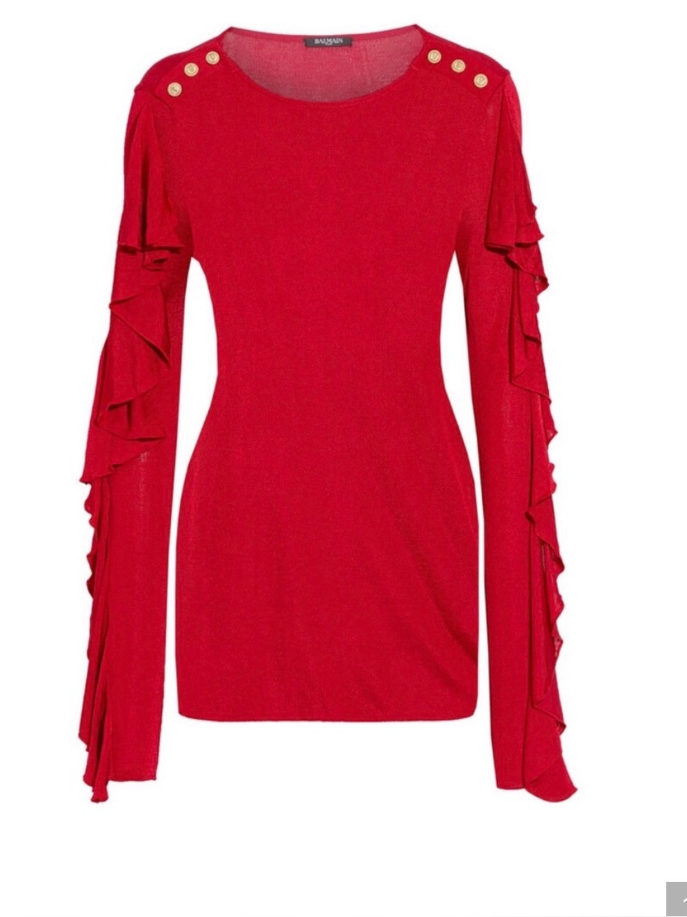 NWT Balmain Fuchsia Ruffle-Sleeve Knit Top with Gold Buttons
